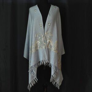 Vintage Hand Embroidered Authentic Light Blue Wool Shawl - Kashmir India